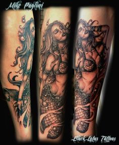 three different tattoos on the legs of two women, one with mermaids and an octopus