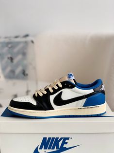 Capture the essence of hype and high fashion with these sneakers inspired by the coveted Travis Scott x Fragment x Air Jordan 1 Low. This design flawlessly blends iconic elements from both collaborators, featuring a classic colorway of white, blue, and sail, accented by the signature reverse Swoosh. Crafted with premium materials and meticulous attention to detail, these sneakers offer a look that's both timeless and trendsetting. Step into the spotlight and elevate your sneaker game with this m Trendy Custom Sneakers With Cushioned Footbed For Streetwear, Modern Custom Sneakers With Contrast Sole For Streetwear, Modern Custom Sneakers With Boost Midsole For Streetwear, Trendy Custom Sneakers For Streetwear With Boost Midsole, Modern Cushioned Skate Shoes For Streetwear, Trendy Blue Custom Sneakers For Streetwear, Modern Blue Custom Sneakers For Streetwear, Air Jordan X Travis Scott, Travis Scott Low Jordan 1