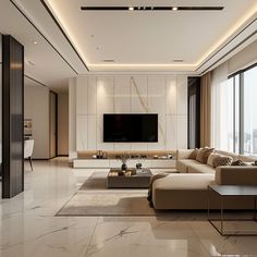 an elegant living room with marble floors and white walls, along with large windows that look out onto the city