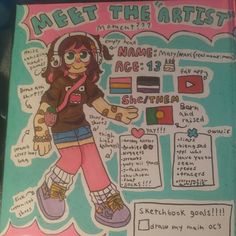 a drawing of a girl with headphones and name tags on her face, in front of a poster that says meet the artist