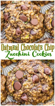 oatmeal chocolate chip zucchini cookies are stacked on top of each other