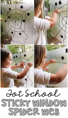 a collage of pictures showing how to draw spider webs on the glass window