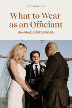 a man and woman standing next to each other in front of a microphone with the words what to wear as an officiant