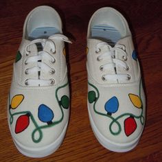 This Is A Brand New Pair Of White Canvas Sneakers Hand Painted With Christmas Lights. I Bought Them At Walmart And Painted Them For A Little Holiday Fun. They Are A Size 10 - There Is A Small Mark On One Of The Tongues Which You Can See In Pictures. Hiking Sneakers Women, Walmart Shoes, Teal Sneakers, White Canvas Sneakers, Rose Vans, Teacher Shoes, White Slip On Sneakers, Painted Canvas Shoes, White Canvas Shoes