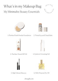 Skip the research, simplify your daily routine, and pare down your beauty bag with these curated skin and beauty essentials. Minimal Makeup Bag, Minimal Makeup Products, Minimalist Lifestyle Aesthetic, Minimal Makeup Collection, Beauty Bag Essentials, Declutter Makeup, Clean Makeup Brands, Minimalist Makeup Routine, Shira Gill