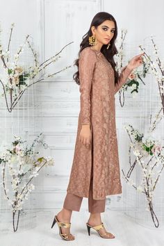 Fleur | Pakistani Designer Outfit | Sarosh Salman Silk Thread Embroidery, Net Shirt, Designer Outfit, Shirt Pant, Rosy Brown, Pure Chiffon, Fitted Sleeves, Silk Dupatta, Thread Embroidery