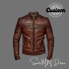 🧥 **Explore Our Timeless Vintage Biker Jacket ✨ **Key Features - Crafted from 100% genuine lambskin leather 🐑 - Handmade with meticulous attention to detail 🤲 - Available in various sizes; consult our sizing chart for the perfect fit 📏 - Customized orders welcomed; contact us to personalize your jacket 🎨 🏍️ **Why Choose Our Jacket?** - Embodying the essence of the iconic racing jacket 💨 - Seamlessly combines style and comfort, appealing to motorcycle enthusiasts, 80's fashion fans, and th Distressed Brown Fitted Moto Biker Jacket, Rugged Fitted Distressed Brown Biker Jacket, Vintage Brown Distressed Biker Jacket, Distressed Brown Fitted Biker Jacket For Events, Vintage Distressed Leather Jacket, Vintage Distressed Brown Leather Jacket, Vintage Leather Motorcycle Jacket With Long Sleeves, Vintage Leather Jacket For Motorcycling, Vintage Brown Biker Jacket For Motorcycling