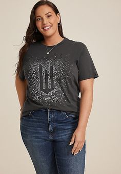 Plus Size Wicked Sparkle Oversized Fit Graphic Tee | maurices Easy Stretches, Short Sleeve Tunic, List Style, Long Shorts, A Plus, Tunic Length, Boyfriend Fit, Oversized Fits, Plus Size Fashion