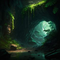 a cave filled with lots of green plants next to a small stream in the woods