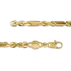 Add modern flair to your weekend looks when you wear this men's hollow 14K gold diamond-cut Figarope chain bracelet from the Made in Italy Collection. Crafted in hollow 14K gold This 4.3mm-wide chain features oval-shaped links alternating with pairs of rope links. Diamond-cut details lend dimension and extra shine. This 8.5-inch bracelet secures with a lobster claw clasp. Classic Rope Chain Bracelet, Classic Gold Bracelet With Rope Chain, Classic Gold Rope Chain Bracelet, Classic Rope Chain Bracelets For Formal Occasions, Classic Formal Rope Chain Bracelets, Classic Formal Rope Chain Bracelet, Classic 14k Gold Rope Chain Bracelet, Formal Yellow Gold Rope Chain Bracelet, Weekend Looks