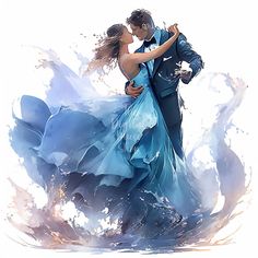 a man and woman are dancing together in the water with their arms around each other