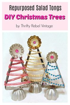 three christmas trees with ribbons on them and the words repurposed salad tongs diy christmas trees