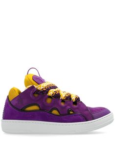 purple calf leather mesh panelling contrasting panel detail round toe front lace-up fastening logo patch at the tongue branded insole rubber sole Sneakers Purple, Lanvin Sneakers, Lanvin Shoes, Barbour Steve Mcqueen, Parisian Chic, Sneaker Wedge, Luxury Boutique, Lanvin, Luxury Handbags