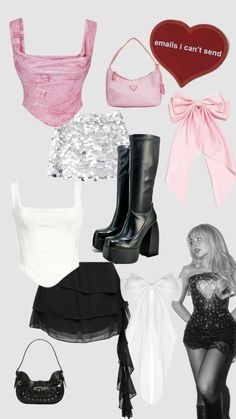 several different types of clothes and accessories including boots, bra top, skirt, purse