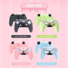 four different colored video game controllers on a pink background