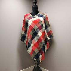 Upcycled lightweight check poncho. One size fits most. Oversized Fringe Casual Poncho, Oversized Fringe Poncho Casual Style, Casual Plaid Poncho For Winter, Ladies Poncho, Frayed Denim, Ponchos, Plaid Scarf, Ships