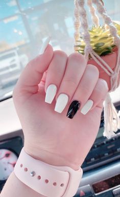 White Nails Black Accent, White Nails With Black Accent Nail, White Nails With Black Accent, Black Accent Nail Ideas, White Coffin Acrylics, White Nails With Accent Nail, Dolphin Nails, Black Nails With Glitter, Ring Finger Nails