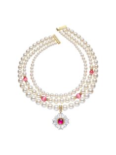 A pearl necklace, but make it royal. The Emily Pearl Necklace deserves all the attention with the three-layer pearl chain and diamond details that sparkle in the light. Bronze plated gold Cubic oxidation Crystal glass Pearl Necklace Pink, Nana Jacqueline, Burmese Ruby, Pink Pearl Necklace, Pearl Beaded Necklace, Three Layer, Pearl Chain, Luxury Clothing, Tahiti