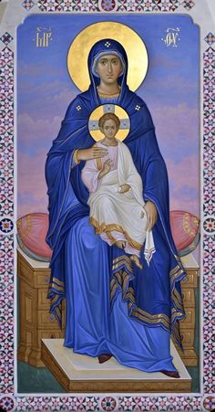 an icon of the virgin mary and child jesus in blue with gold trimmings