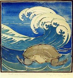 a drawing of a turtle swimming in the ocean with waves coming up from it's back