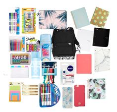 an assortment of school supplies including notebooks, pens and pencils on a white background