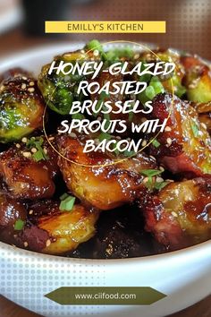 honey glazed roasted brussel sprouts with bacon in a white bowl on a wooden table