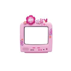 a pink toy tv with flowers and butterflies on the front, set against a white background