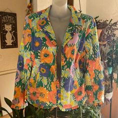 Brand New Jacket Super Colorful Flowers And Clear Sequins It Has Pockets It Is A Size Medium Measures Approximately 22” From Armpit To Armpit And The Sleeves Are 24” Long (220) (191) Spring Workwear Multicolor Outerwear, Spring Multicolor Outerwear For Work, Retro Multicolor Summer Outerwear, Casual Yellow Blazer With Long Sleeves, Spring Cotton Blazer With Floral Print, Spring Multicolor Cotton Blazer, Multicolor Cotton Blazer For Fall, Casual Yellow Long Sleeve Blazer, Spring Cotton Floral Print Blazer