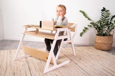 a little boy sitting at a desk with a laptop on it