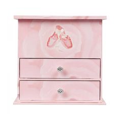 a pink dresser with two drawers and ballet shoes painted on it