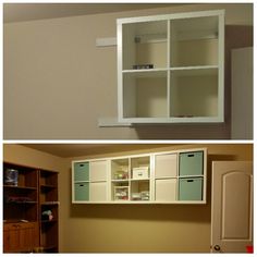 two pictures side by side one is empty and the other has open cabinets in it