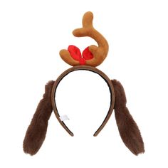 a reindeer headband with red antlers on it's ears is shown in front of a white background