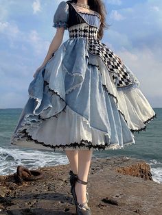 [Deadline for reservations: June 20] Alice in Wonderland Asymmetrical – Belchic Asymmetrical Patchwork Dress For Spring, Fitted Dress With Ruffles And Handkerchief Hem, Blue Asymmetrical Skirt Dresses For Spring, Wonderland Dress, Wonderland Costumes, Fairytale Dress, Checkerboard Pattern, Fantasy Dress, Samhain