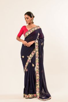 Navy Blue Parsi Gara Hand Embroidered Saree - Anvi Couture Baluchari Saree, Golden Blouse, Silver Blouse, Saree Blouse Styles, Sequin Saree, Orange Saree, Net Blouses, Cotton Gowns, Multi Color Blouse