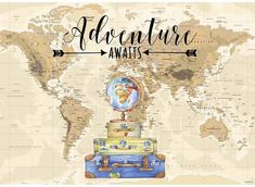 an adventure awaits poster with a world map in the background and luggage on top