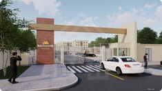 an artist's rendering of a car entering a gated parking lot in front of a building