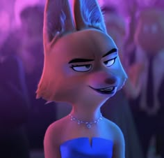 the animated rabbit is wearing a blue dress and looking at something in front of him