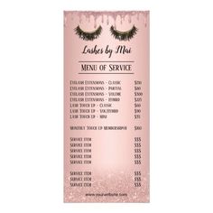 Lashes Makeup Artist Modern Rose Gold Price List Rack Card | Zazzle.com Luxury Esthetics, Lashes Tech, Salon Aesthetic, Eyelash Extensions Classic, Lash Ideas, Logo Eyelash, Eyelash Decor, Eyelash Studio