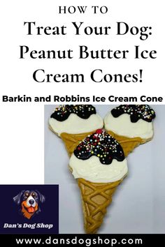 an ice cream cone with chocolate and sprinkles on it is featured in the ad for how to treat your dog peanut butter ice cream cones