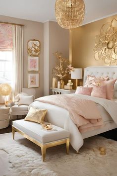 a bedroom decorated in pink and gold with white bedding, chandelier, chair, ottoman