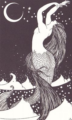 a black and white drawing of a mermaid in the water with her hair blowing back