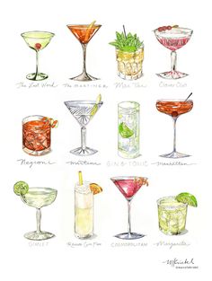 a drawing of different types of cocktails