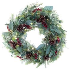 a christmas wreath with pine cones and greenery is shown on a white background for display