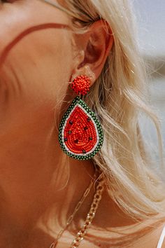 Add a sweet finish to your look with our darling 'Watermelon Margs' earrings featuring beaded red circle studs and a dangling beaded watermelon print teardrop pendant! Green Teardrop Jewelry For Summer, Beaded Teardrop Earrings For Summer, Summer Beaded Teardrop Earrings, Trendy Teardrop Beaded Earrings With Dangling Beads, Beach Teardrop Beaded Earrings, Trendy Beaded Teardrop Jewelry, Trendy Teardrop Beaded Earrings As Gift, Trendy Teardrop Beaded Jewelry, Summer Teardrop Beaded Earrings