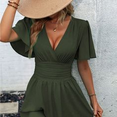 Plunged Neck Butterfly Sleeve Dress Ruched Waiste Color: Green Ruched Waist Dress, Butterfly Sleeve Dress, Deep V Neck Dress, Shein Dress, Ruffle Sleeve Dress, Sleeves Clothing, Linnet, Butterfly Sleeves, Flounce Sleeve