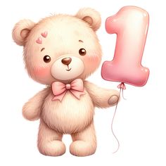 a teddy bear holding a pink balloon in the shape of a 1 on it's side