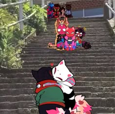 cartoon characters sitting on the steps in front of a building with stairs leading up to them