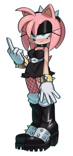 an image of a cartoon character with pink hair and black clothes, holding her hand up to