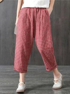 VINTAGE RAMIE COTTON PLAID CAPRI HAREM PANTS - rrdeye Summer Plaid Relaxed Fit Pants, Plaid Relaxed Fit Summer Pants, Casual Gingham Wide Leg Bottoms, Casual Wide Leg Gingham Bottoms, Summer Relaxed Fit Plaid Pants, Summer Plaid Straight Pants, Plaid Straight Pants For Summer, Red Cotton Harem Pants For Fall, Casual Gingham Bottoms With Relaxed Fit