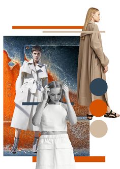 fashion collage with two women in white and orange colors, one wearing a trench coat